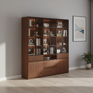 Bibliothèque en bois massif XHA, armoire de rangement pour bureau avec portes en verre, design minimaliste, bois de noyer noir. - Product Image 6