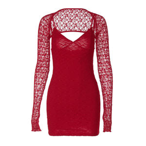 See Through Lace manga larga cuello en V profundo espalda descubierta Mini Vestido Rojo Negro Sexy vestidos de club nocturno ropa de coqueta 3491 - Product Image 6