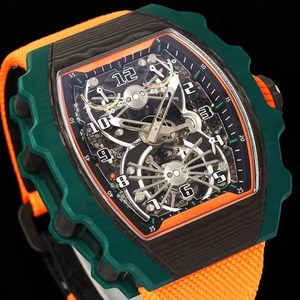 Reloj de pulsera Tourbillon Skeleton con movimiento mecánico, marco verde y negro, diseño de alta gama para hombre, tonneau, fibra de carbono, resistente al agua, naranja flúor - Product Image 2