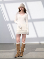 Pull en cachemire pur à 100% pour femme, col en V, tricot côtelé, manches cloche, coupe ajustée, chaud, doux, fin, élégant, pour l'hiver