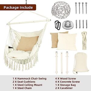 Silla Hamaca Colgante de Cuerda Beige para Interiores o Exteriores con Elegantes Borlas, Capacidad Máxima de 500 Libras, con 2 Cojines - Product Image 6