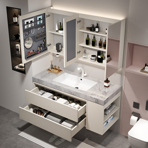 Meuble-lavabo de salle de bain avec vasque simple/double personnalisable, meuble-lavabo mural en bois massif de 36 à 92 pouces avec <span class=keywords><strong>miroir</strong></span> intelligent anti-buée - Product Image 3
