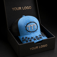 Topi Trucker Suede Biru Muda Custom dengan Patch 777, Pinggiran Melengkung, Hiasan Bintang, Bagian Belakang Jaring, Snapback, Topi Baseball, Supplier Grosir