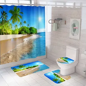आधुनिक पर्यावरण-अनुकूल 4-पीस पॉलिएस्टर शावर परदा सेट नारियल पाम और समुद्र तट स्नान चटाई संगमरमर प्रिंट के साथ हॉट सेलिंग होम सजावट