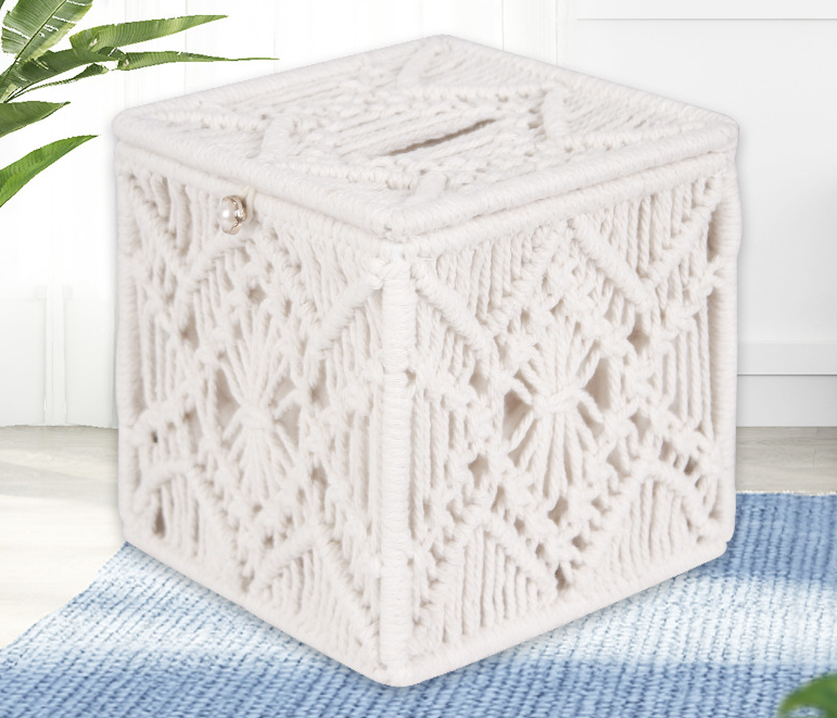 Tissue Box Cover Boho Decor Square Paper Tissue Holder with Bead Buckle Macrame Napkin Tissues Organizer Home Decor