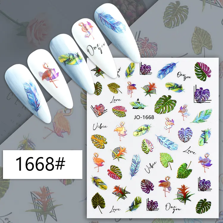 Autocollants 3D colorés pour ongles, plumes dorées, feuille Laser holographique, fleur, autocollants printemps été, curseur pour ongles, décors de manucure