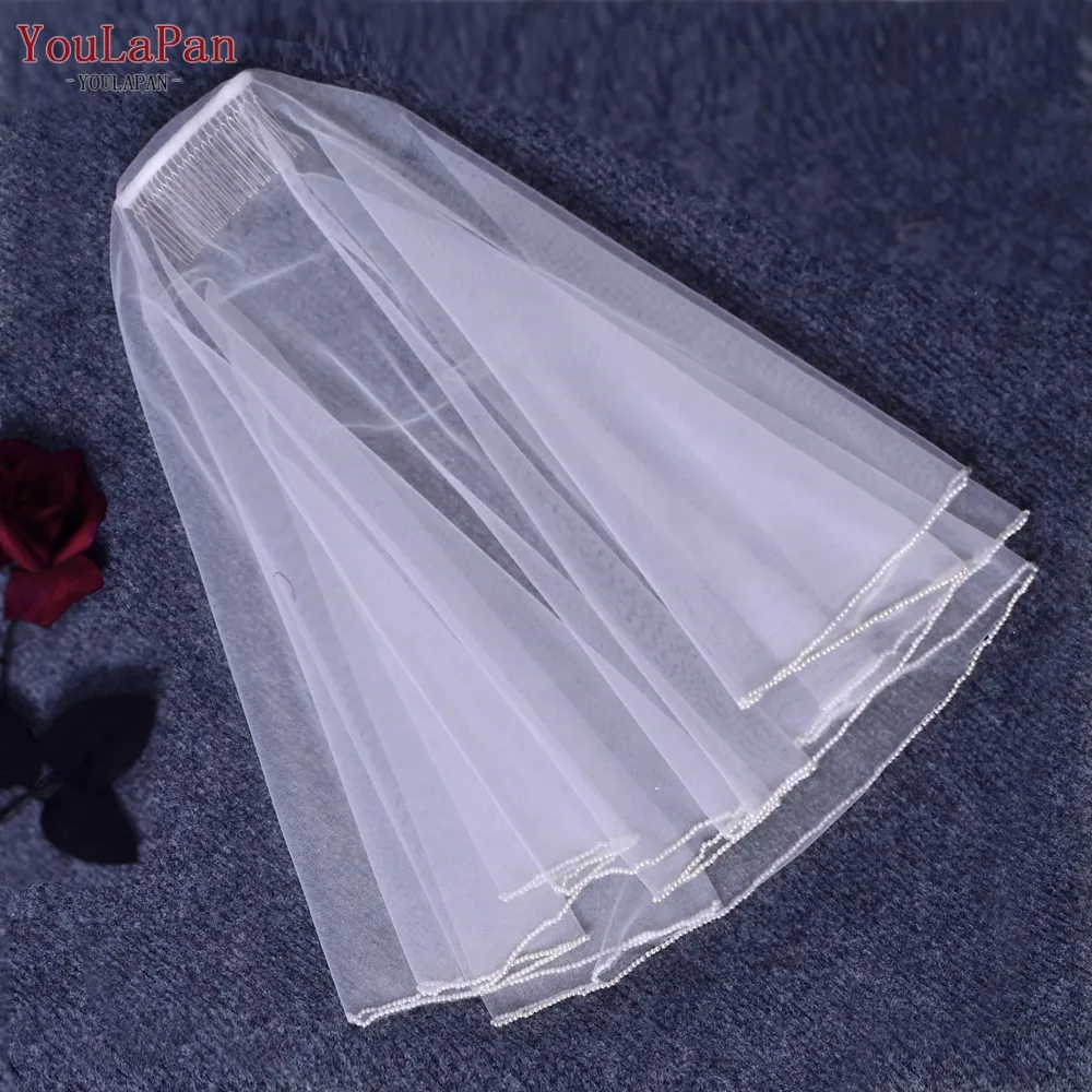 YouLaPan V173, простая двухслойная короткая свадебная вуаль, аксессуары для волос с цветами и бусинами, румяна, свадебная вуаль