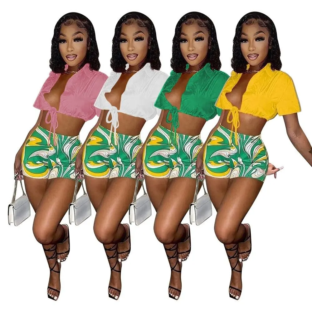 High Quality Women Shirt Short Set 2 Piece Print Short Outfits Women Clothing 2023 Crop Top Shirt And Shorts Set Women