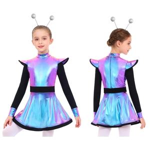 Disfraz de alienígena para niñas de 6 a 16 años, vestido metálico con pantalones cortos incorporados y diadema a juego para disfraces temáticos de danza lírica y jazz - Product Image 2