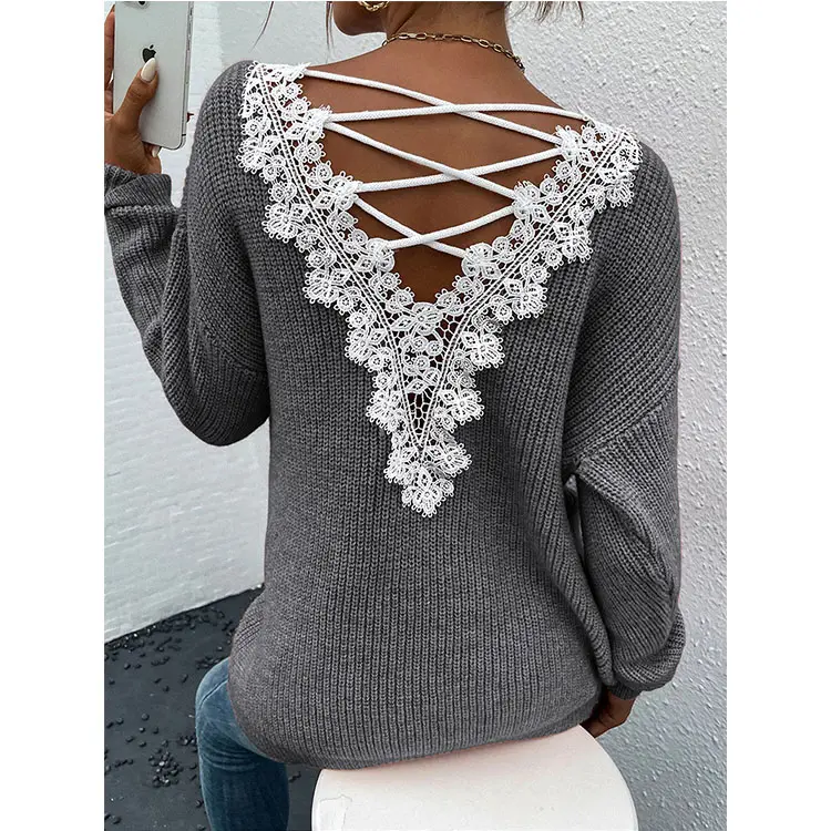 Sexy fashion dew pain bandage sweater V-neck lace stitching sweater