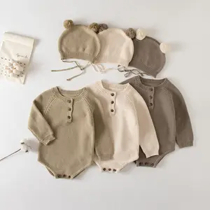Spring Autumn Newborn Knitted Bodysuit Infant Unisex Full Sleeve With Cute Hat Knit Jumper Set Baby Sweater Romper