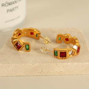 Geometric Huggie <b>Earrings</b> Gold Plated With Red <b>Green</b> Stones Party Jewelry EH778 - Product Image 1