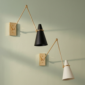 Modern Mid Century Brass <b>Wall</b> Sconce Lamp Black White Cone Shade Rotating Arm Design for Home Office Bedroom - Product Image 1