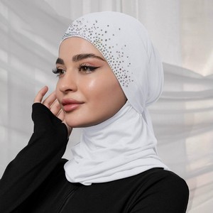 Rhinestone Embellished <b>Tie</b> <b>Back</b> Hijab Cap Crystal Linen Simple Headscarf Hat Ethnic Style Headwear Instant Hijab Caps - Product Image 3