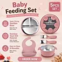 Ensemble de 5 ustensiles d'alimentation pour enfants : assiette compartimentée, bavoir, bol, cuillère, fourchette – en silicone sans BPA, durable, avec forte ventouse – Kit repas bébé