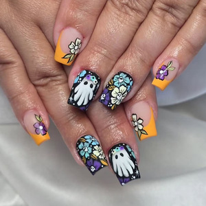 Halloween estilo lindo Prensa en <span class=keywords><strong>uñas</strong></span> postizas <span class=keywords><strong>amarillo</strong></span> francés fantasma calavera flor <span class=keywords><strong>diseño</strong></span> corto cuadrado <span class=keywords><strong>amarillo</strong></span> <span class=keywords><strong>uñas</strong></span> artificiales - Product Image 1