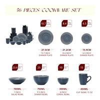Service de table en grès gris-bleu de luxe et durable, 56 pièces pour 7 personnes, avec tasses à café incluses, compatible lave-vaisselle, four et micro-ondes