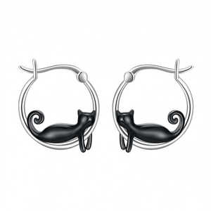 E4762 White Gold <b>Hoop</b> <b>Earrings</b> With Black Cat Design For Women Cute Animal <b>Fashion</b> Jewelry Alloy <b>Earrings</b> - Product Image 1