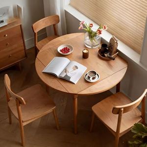 Nordic Solid Wood <b>Dining</b> <b>Table</b> And Chair <b>Set</b> <b>4</b> Piece Extendable <b>Round</b> Telescopic <b>For</b> Home Small Apartments Living Room - Product Image 1