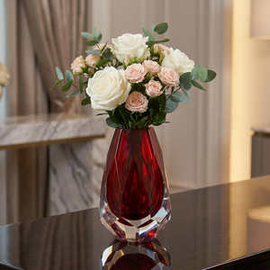 Crystal <b>Vase</b> <b>Red</b> Faceted Geometric Design Handmade Eco-Friendly Wedding Tabletop Decor Modern Style - Product Image 1