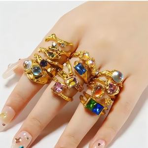 Anillos Abiertos Irregulares de Ópalo Fino, Conjunto de Joyería para San Valentín, Esmeralda Rosa Multicolor, Grabado, Anillo de Dedo de Cristal para Mujer y Hombre - Product Image 1