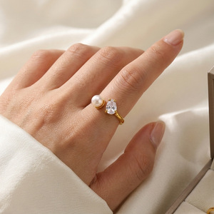 Stainless Steel 18K Gold Plated Open <b>Ring</b> Inlaid Teardrop Zircon And Pearl Trendy Elegant Statement <b>Finger</b> <b>Ring</b> For Women - Product Image 4