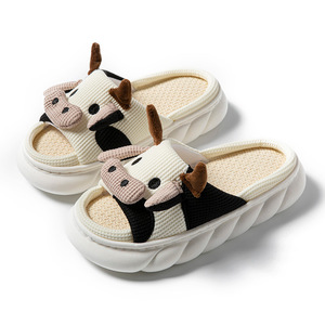 Mignonnes pantoufles d'intérieur pour <span class=keywords><strong>femme</strong></span> en lin épais motif vache, antidérapantes, pour l'été et le printemps - Product Image 6