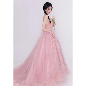 Strapless Pink Tulle Ball Gown Empire Waistline Wedding Dress For Photography Studios Outdoor Portrait Travel Light Gown - Product Image 3