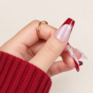 Faux ongles longs forme cercueil bordeaux style presse française, motif flocon de neige blanc et pois rouges, style Noël, OEM ODM pour filles - Product Image 2