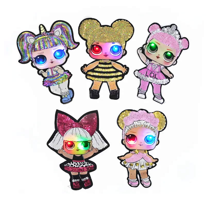 Wholesale 3D cartoon character hero doll custom sequin embroidery patch kids green print fabric flashing led patches patches