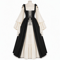 Costume de fille, robe 2 pièces, 4 couleurs, col carré smocké, manches trompette, surrobe ouverte sur le devant, cosplay pour femmes