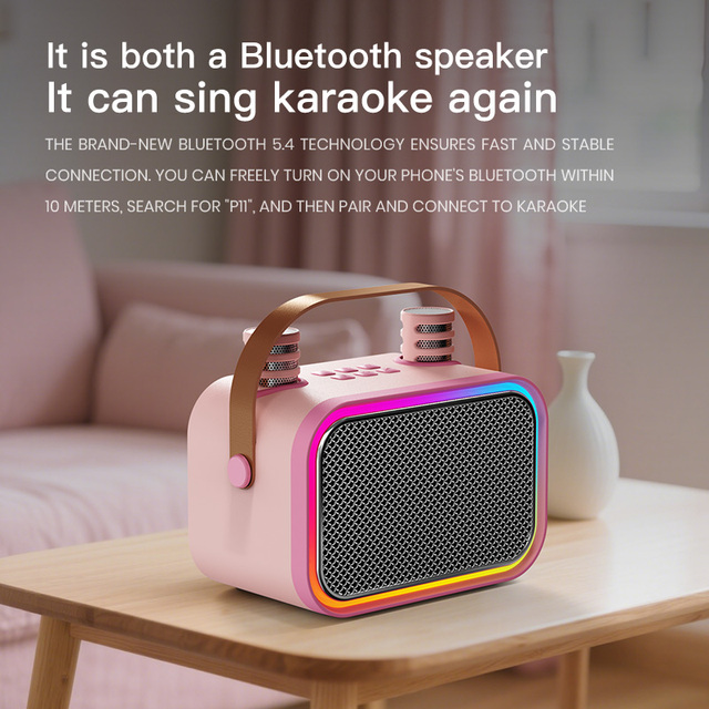 Mini Portable Bluetooth Wireless Karaoke Speaker 2 mic with RGB Led Lights Voice Changer 5.4 Bluetooth AUX  TF card Supported