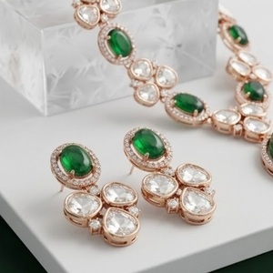 Rose Gold 925 <b>Silver</b> Necklace with Green Oval and Water Drop Crystals for Women Fine <b>Silver</b> Wedding Jewelry Set - Product Image 3