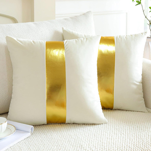 Fundas de almohada de terciopelo con costuras de cuero, funda de almohada cuadrada minimalista moderna, funda de cojín dorada y crema de lujo para sofá - Product Image 2