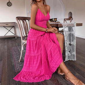 Vente directe d'usine couleur unie col en V sangle Style Spaghetti longue robe décontracté été parole longueur dentelle naturel avant lavable - Product Image 3