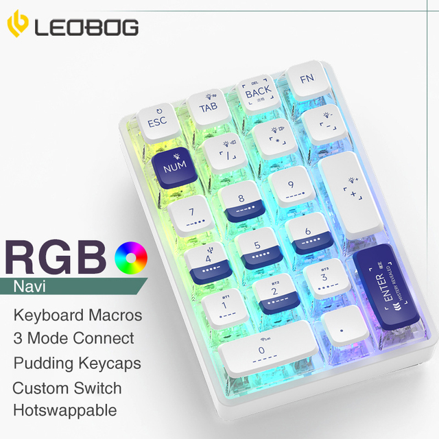 AULA LEOBOG K21 21-Key Transparent Mini Numeric USB Projection Keyboard Mechanical Operation 2.4G/Type-C/BT Connectivity Hot