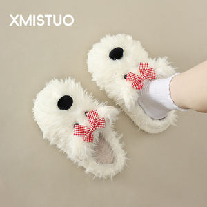 Zapatillas de Casa Cálidas y Lindas de Piel Sintética con Punta Cerrada y Lazo de Mariposa para Mujer, Otoño Invierno, Dormitorio de Estudiantes - Product Image 1