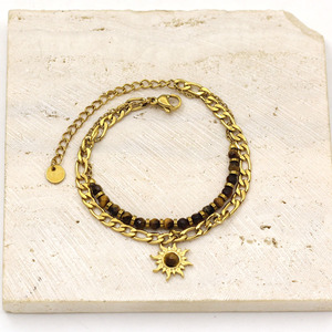 Pulsera Vintage de Acero Inoxidable Chapado en Oro con Piedra de Tigre y Cuentas de Piedra Natural Triturada, con Colgante de Ojo - Product Image 3