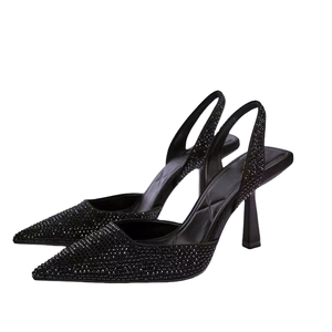 Nuevas Sandalias de Moda para Mujer QuiteS, Zapatos Negros de Punta con Tacón Fino de 8cm, Pedrería Negra, Boca Baja, Tira Trasera Abierta, Estilo Slingback - Product Image 4