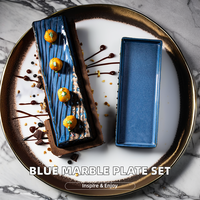 Assiette à dîner en céramique gaufrée portugaise ensembles en porcelaine de luxe en marbre glaçure bleue brillante vaisselle de restaurant d'hôtel