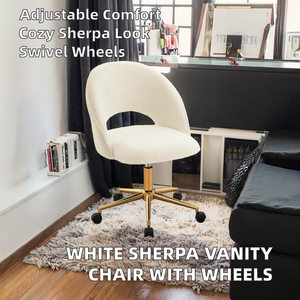 Cute Vanity <b>Chair</b> Back Office <b>Desk</b> <b>Chair</b> Swivel Tilting Wheels <b>Girls</b> Upholstered Armless Accent <b>Chair</b> Gold Metal Height - Product Image 2