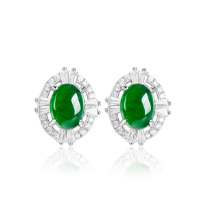 Natural genuine A-grade jadeite oval egg-shaped sun-<b>green</b> stud <b>earrings</b>, ice-grade jade, S925 silver setting, women's <b>earrings</b> - Product Image 1