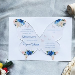 Bebé azul Floral claro mariposa acrílico dulce 15 años tarjeta de invitación de quinceañera - Product Image 5