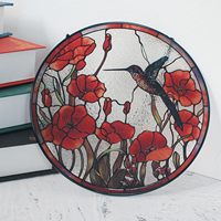 Ornement attrape-soleil en vitrail 8'' Colibri et coquelicots rouges pour décoration intérieure de fenêtre |   Cadeau pour les amateurs d'oiseaux de compagnie, fabriqué en Chine