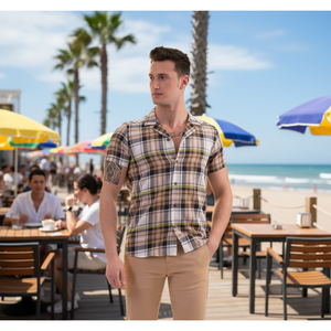 Chemise d'été pour homme à manches courtes, coupe ajustée, en coton tissé respirant, à carreaux bleus, café et jaunes - Product Image 3