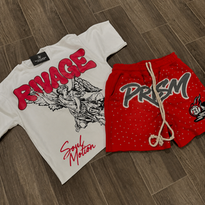 Conjunto de dos piezas de verano estilo streetwear con lavado ácido personalizado y pedrería, compuesto por camiseta gráfica estampada de corte holgado y pantalón corto. - Product Image 3
