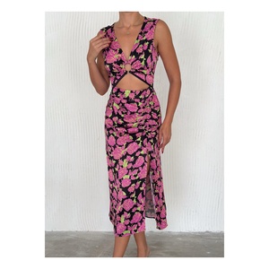 Vestido de satén floral para mujer, cuello en V profundo, sin mangas, abertura frontal con cremallera, vestido de fiesta, cintura natural, 120 cm de largo - Product Image 4