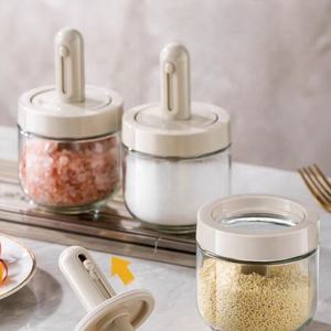 Glass Seasoning Jar with Retractable Spoon, 300ml Salt Sugar Container with Lid for Kitchen Storage - Product Image 1