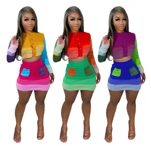 2023 New Product Long Sleeve Crop Top And Mini Skirt Set Fall Women's Set Contrast Color Knitted Sweater 2 Piece Set