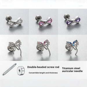 Boucles d'oreilles en acier inoxydable avec nœud papillon et tige à double filetage |   Piercing de barre interchangeable pour femmes et filles - Product Image 2